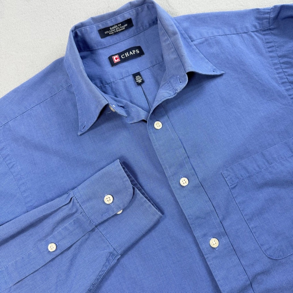 Chaps Button Down Shirt Mens 15.5 34/35 Blue Classic Wrinkle Free Office Wear